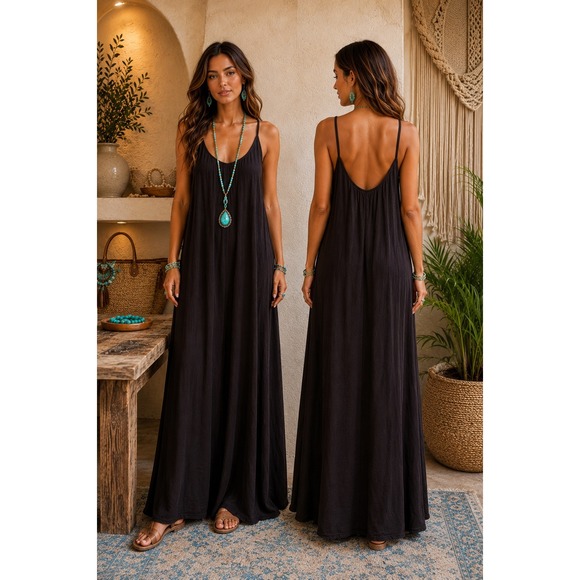 NATURAL LIFE Dresses & Skirts - Natural Life Charcoal Grey Gauze Maxi Dress Boho Spaghetti Strap Raw Hem L/XL
